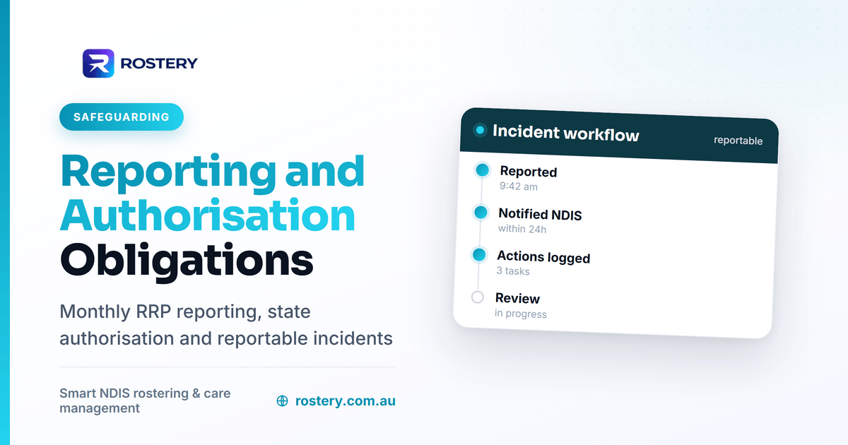 Rostery graphic summarising NDIS restrictive practice reporting and authorisation obligations